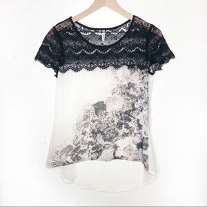 Maurices Lace Yoke Floral Blouse Black White High Low Hem Small